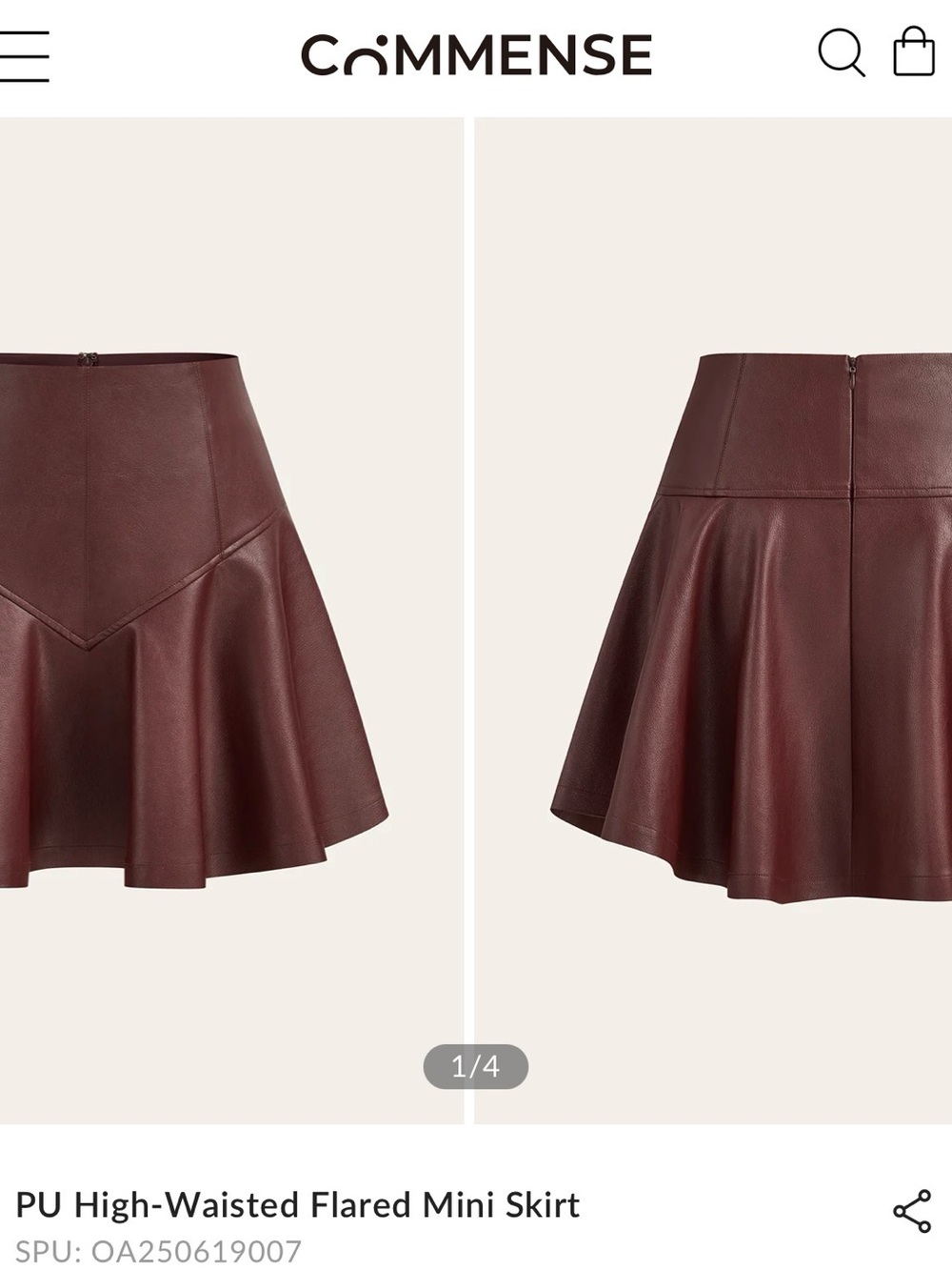COMMENSE PU High-Waisted Flared Mini Skirt - Wine